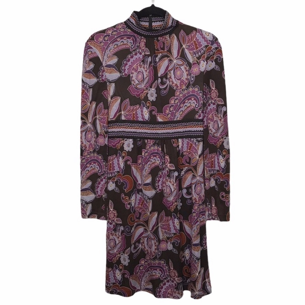 Trina Turk Purple 100% Silk Floral Long Sleeve Dress